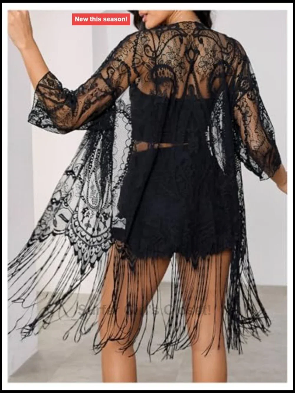 Lace Sheer Fringe Kimono Open Front Long Sleeve Beach Cover Up